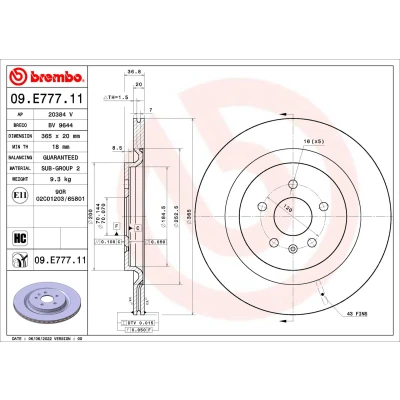 Bilde av BREMBO Bremseskive 365mm 20mm 5 innvendig ventilert belagt høy karbon 09.E777.11 P0002184AA,P0002184AB,P0002184AC,P0072638AC,P0072638AD Bremseskiver