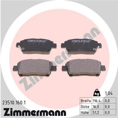 Bilde av ZIMMERMANN 23510.160.1 Bremseklosser med akustisk slitasjevarsel Bildet viser leveranseinnholdet TOYOTA: Corolla IX Station Wagon, Prius II Liftback