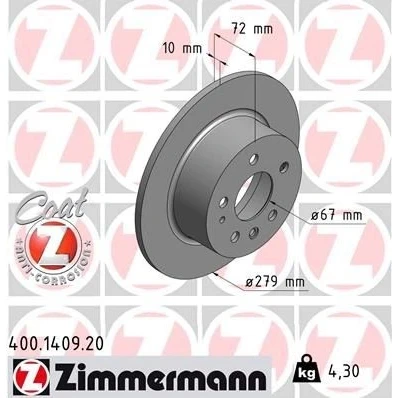 Bilde av ZIMMERMANN COAT Z 400.1409.20 Bremseskiver 279 10 7/5 5 112 fullt ut belagt MERCEDES BENZ: S Klasse Sedan, W123 /8 Sedan