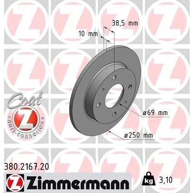 Bilde av ZIMMERMANN COAT Z 380.2167.20 Bremseskiver 250 10 6/4 4 114 fullt ut belagt MITSUBISHI: COLT 6, SMART: Forfour I