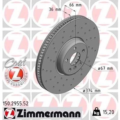 Bilde av ZIMMERMANN 150.2955.52 Bremseskiver 374 36 6/5 5 112 innvendig ventilert, hullet belagt høy karbon BMW: Touring, 7, Sedan