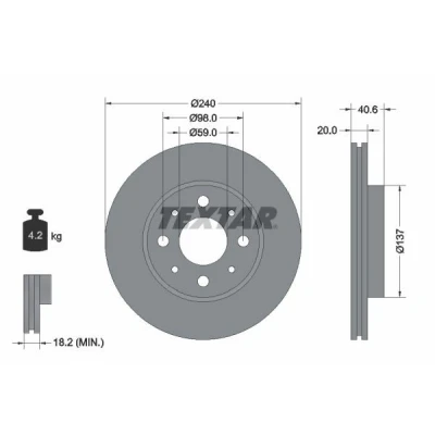 Bilde av TEXTAR PRO 92118003 Bremseskiver 240 20 04/08 98 innvendig ventilert belagt uten hjulfestebolt, hjulnav FIAT: 500 Hatchback, Panda II Hatchback