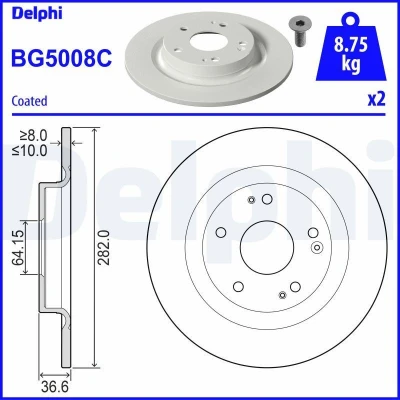 Bilde av DELPHI BG5008C Bremseskiver 282 10 5 fullt ut belagt ubehandlet uten hjullager, ABS sensorring HONDA: CIVIC