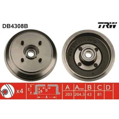 Bilde av TRW DB4308B Bremsetrommel med lager, uten ABS sensorring 223 FORD: FIESTA 5, 4