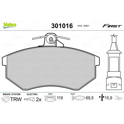 Bilde av VALEO 301016 Bremseklosser FIRST framaksel inkl. slitasjevarselkontakt uten antiskrike blikk VOLKSWAGEN: GOLF 2, 3, Caddy 2 Kastenwagen