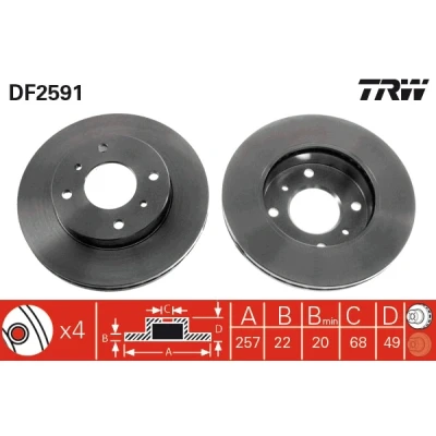 Bilde av TRW DF2591 Bremseskiver 257 22 4 114,3 ventilert spraylakkert høy karbon NISSAN: 200SX, Almera II Hatchback, Primera Sedan