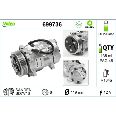 Bilde av VALEO 699736 Kompressor SD7V16 12V PAG 46 R134a med kompressorlje REMANUFACTURED