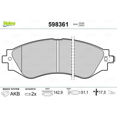 Bilde av VALEO 598361 Bremseklosser framaksel inkl. slitasjevarselkontakt uten antiskrike blikk DAEWOO: Leganza Sedan, CHEVROLET: Nubira Stasjonsvogn