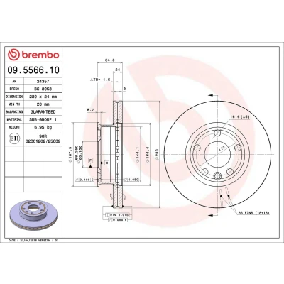 Bilde av BREMBO 09.5566.10 Bremseskiver 280 24 5 innvendig ventilert VOLKSWAGEN: Transporter 4 Bus,