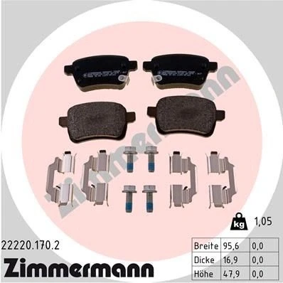 Bilde av ZIMMERMANN 22220.170.2 Bremseklosser med akustisk slitasjevarsel skruer Bildet viser leveranseinnholdet, glideplate OPEL: Corsa E Hatchback