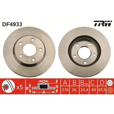 Bilde av TRW DF4933 Bremseskiver 276 26 5 114,3 ventilert spraylakkert MITSUBISHI: ASX SUV, Lancer 8 Limousine, 8, DODGE: Caliber