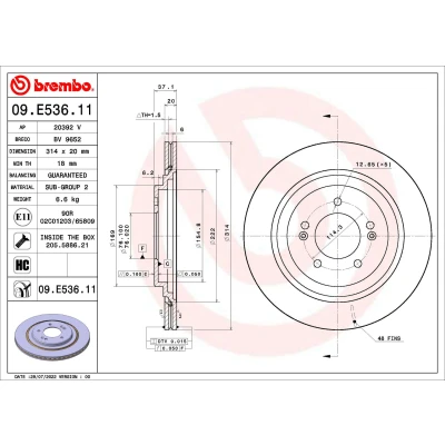 Bilde av BREMBO 09.E536.11 Bremseskiver 314 20 5 innvendig ventilert belagt høy karbon KIA: Optima / K5 Sportswagon, Sedan