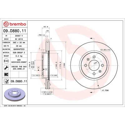 Bilde av BREMBO 09.D880.11 Bremseskiver 280 22 4 innvendig ventilert belagt høy karbon med skruer KIA: Rio
