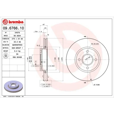 Bilde av BREMBO 09.6766.10 Bremseskiver 278 24 4 innvendig ventilert FORD: MONDEO 1 Kombi