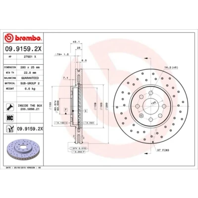 Bilde av BREMBO XTRA LINE 09.9159.2X Bremseskiver 280 25 4 perforert / ventilert belagt høy karbon med skruer OPEL: Astra H Caravan, GTC