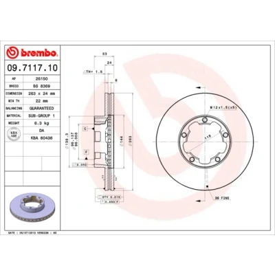 Bilde av BREMBO 09.7117.10 Bremseskiver 263 24 5 innvendig ventilert NISSAN: Cabstar E Flatvogn lastebil / Chassis