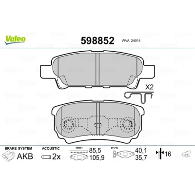 Bilde av VALEO 598852 Bremseklosser bakaksel inkl. slitasjevarselkontakt med antihyle blikk MITSUBISHI: Outlander 3, 2 SUV, Lancer 8 Limousine