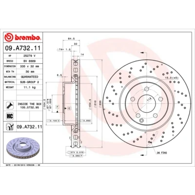 Bilde av BREMBO COATED DISC LINE 09.A732.11 Bremseskiver 335 32 5 perforert / ventilert belagt høy karbon med skruer MERCEDES BENZ: S Klasse Sedan
