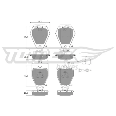 Bilde av TOMEX brakes TX 12 26 Bremseklosser framaksel med integrert slitasjevarselkontakt bremsecaliperskruer balansevekter AUDI: A8 D2, A6 C4 Avant