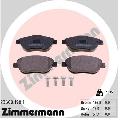 Bilde av ZIMMERMANN 23600.190.1 Bremseklosser med skruer Bildet viser leveranseinnholdet PEUGEOT: 207 Hatchback, 307 Stasjonsvogn, SW