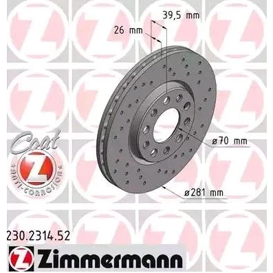 Bilde av ZIMMERMANN SPORT COAT Z 230.2314.52 Bremseskiver 281 26 10/5 5 110 innvendig ventilert, hullet belagt ALFA ROMEO: Giulietta Hatchback