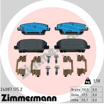 Bilde av ZIMMERMANN 24087.175.2 Bremseklosser med akustisk slitasjevarsel skruer Bildet viser leveranseinnholdet, glideplate HONDA: CIVIC 8 Hatchback