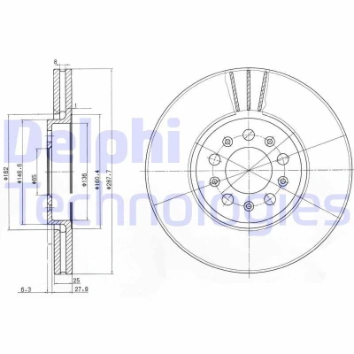 Bilde av DELPHI BG3035C Bremseskiver 288 25 5 ventilert belagt ubehandlet uten hjullager, ABS sensorring VOLKSWAGEN: Golf 4, Polo V Hatchback