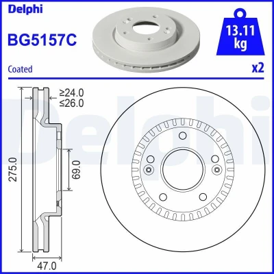 Bilde av DELPHI BG5157C Bremseskiver 275 26 5 ventilert belagt ubehandlet uten hjullager, ABS sensorring