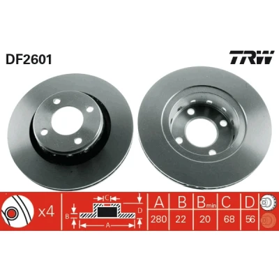 Bilde av TRW DF2601 Bremseskiver 280 22 4 108 ventilert spraylakkert AUDI: 80 B4 Sedan, Coupe B3, Cabriolet