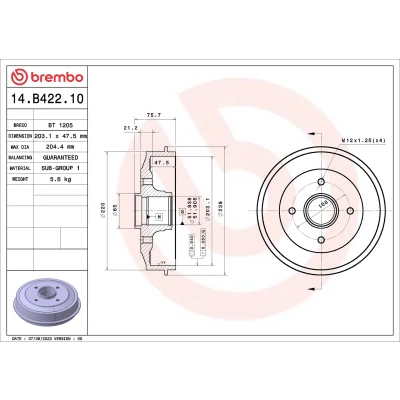 Bilde av BREMBO 14.B422.10 Bremsetrommel med hjullagersett 203,1 PEUGEOT: 208 I Hatchback, CITROËN: DS3 C4 II Cactus, C3