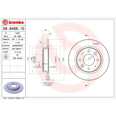Bilde av BREMBO 08.9466.10 Bremseskiver 261 10 4 fullt ut KIA: CARENS 2