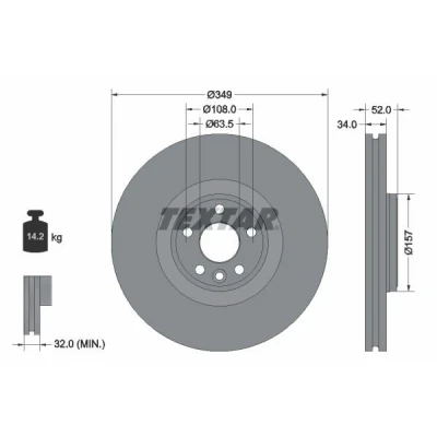 Bilde av TEXTAR 92301805 Bremseskiver 349 34 05/06 108 innvendig ventilert belagt høy karbon uten hjulfestebolt, hjulnav LAND ROVER: Range Rover Evoque