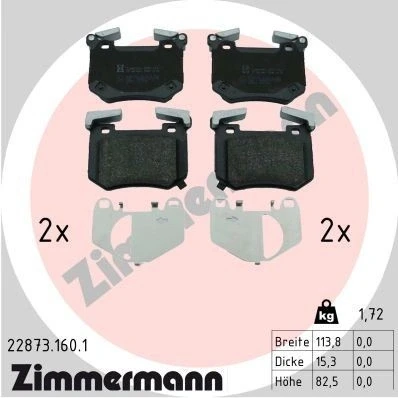Bilde av ZIMMERMANN 22873.160.1 Bremseklosser inkl. slitasjevarselkontakt Bildet viser leveranseinnholdet, med balansevekter