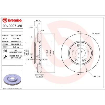 Bilde av BREMBO 09.9997.20 Bremseskiver 275 26 5 innvendig ventilert med skruer