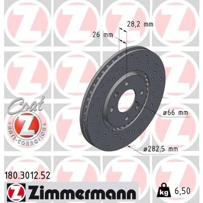 Bilde av ZIMMERMANN SPORT COAT Z 180.3012.52 Bremseskiver 282 26 6/4 4 108 utvendig ventilert, hullet belagt PEUGEOT: 406 Sedan, Stasjonsvogn
