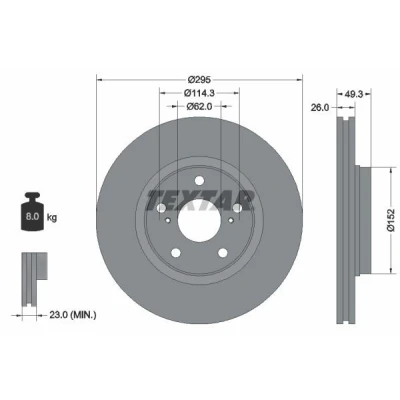 Bilde av TEXTAR PRO 92163903 Bremseskiver 295 26 05/07 114,3 utvendig ventilert belagt uten hjulfestebolt, hjulnav TOYOTA: Auris Hatchback