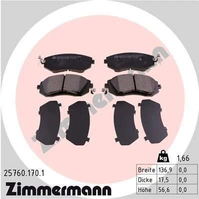Bilde av ZIMMERMANN 25760.170.1 Bremseklosser med akustisk slitasjevarsel Bildet viser leveranseinnholdet SUBARU: Forester III, Impreza III Hatchback