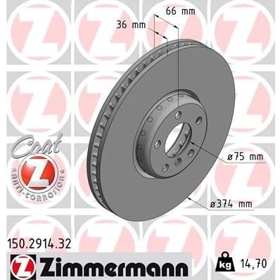 Bilde av ZIMMERMANN FORMULA F COAT Z 150.2914.32 Bremseskiver 374 36 6/5 5 120 innvendig ventilert, todelt bremseskive belagt høy karbon BMW: 7, Touring