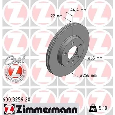 Bilde av ZIMMERMANN 600.3259.20 Bremseskiver 256 22 6/5 5 100 innvendig ventilert belagt høy karbon VOLKSWAGEN: Polo VI, SEAT: IBIZA