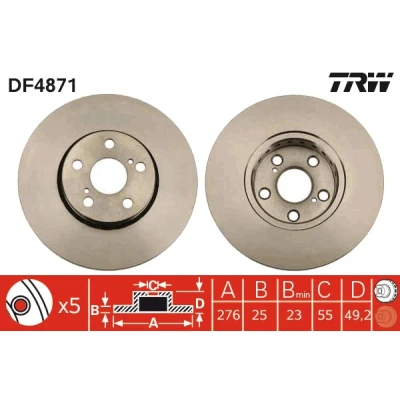 Bilde av TRW DF4871 Bremseskiver 276 25 5 100 ventilert spraylakkert TOYOTA: Avensis I Stasjonsvogn, Sedan, Verso
