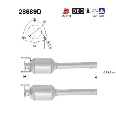 Bilde av AS 28689D Katalysator 760mm PEUGEOT: Boxer Minibuss