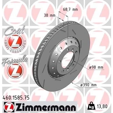 Bilde av ZIMMERMANN FORMULA Z COAT 460.1585.75 Bremseskiver 390 38 7/5 5 130 ventilert, med sliss, todelt bremseskive belagt legert / høykull
