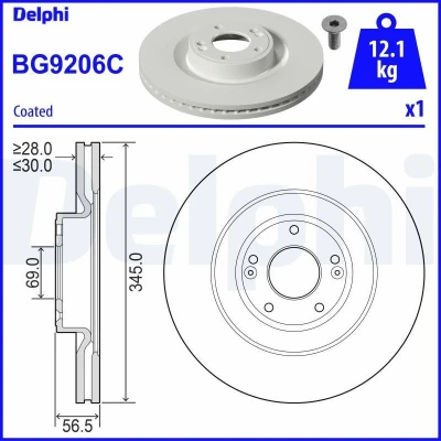 Bilde av DELPHI BG9206C Bremseskiver 345 30 5 ventilert belagt ubehandlet uten hjullager, ABS sensorring