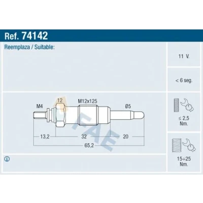 Bilde av FAE 74142 Glødeplugg 11V M12x125 FORD: Sierra Mk2 Sedan, FIAT: Ducato II Flatvogn lastebil/Chassis