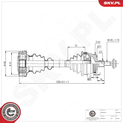 Bilde av Drivaksel, Framaksel venstre Esen skv 40SKV303 audi, skoda, vw OE 3BD407271, 8D0407271AQ, 8D0407451AV