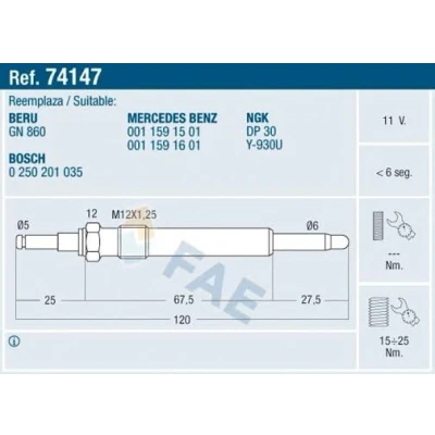 Bilde av FAE 74147 Glødeplugg 11V M12x125 MERCEDES BENZ: E Klasse Sedan, C T modell