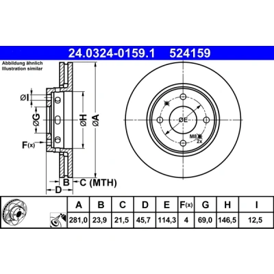 Bilde av ATE PowerDisc 24.0324 0159.1 Bremseskiver 281,0 23,9 4 114,3 ventilert belagt VOLVO: V40 Stasjonsvogn, S40 I, MITSUBISHI: Carisma Sedan