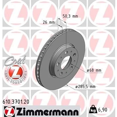 Bilde av ZIMMERMANN COAT Z 610.3701.20 Bremseskiver 286 26 10/5 5 108 utvendig ventilert belagt VOLVO: V70 2, XC70 I Cross Country, S80