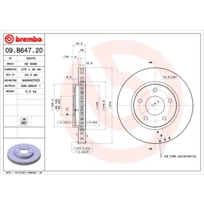 Bilde av BREMBO COATED DISC LINE 09.B647.21 Bremseskiver 276 26 5 innvendig ventilert belagt DODGE: Caliber