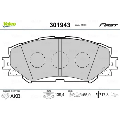 Bilde av VALEO 301943 Bremseklosser FIRST framaksel ekskl. slitasjevarselkontakt uten antiskrike blikk TOYOTA: Verso S, Urban Cruiser, Yaris III Hatchback